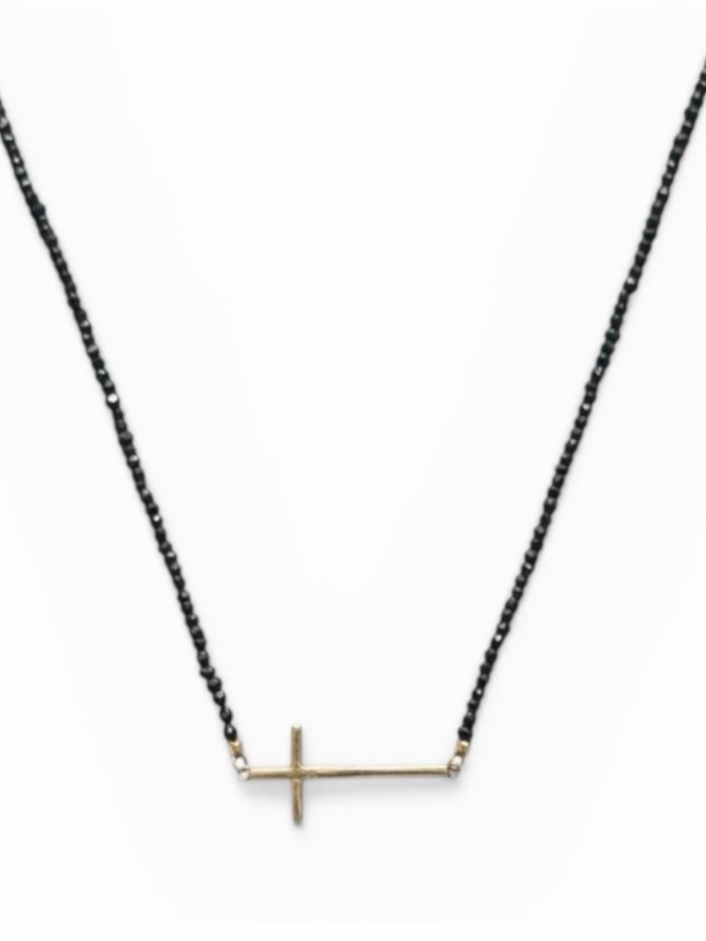 HANA 14K Yellow Gold Sideways Cross Black Spinel Bead Necklace 18" + 2.25" Ext